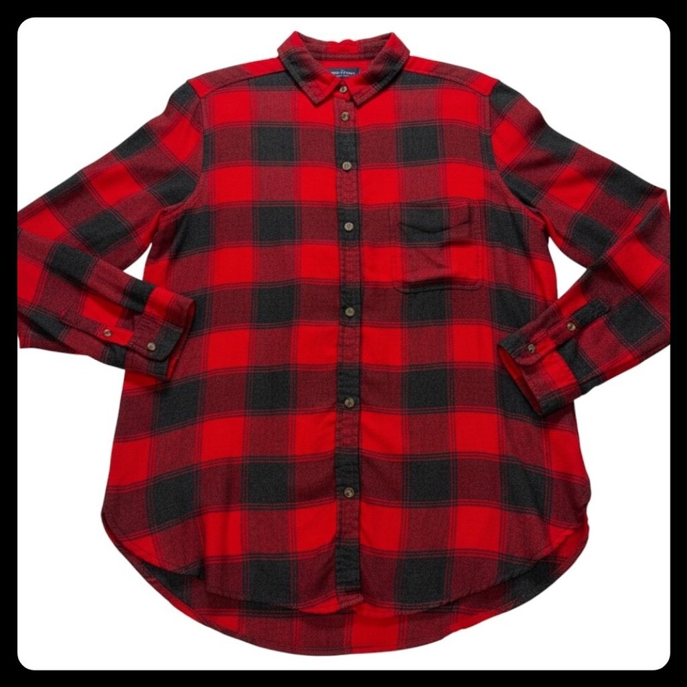 American Eagle Flannel Shirt Women L Red Plaid Boyfriend Fit Button Down